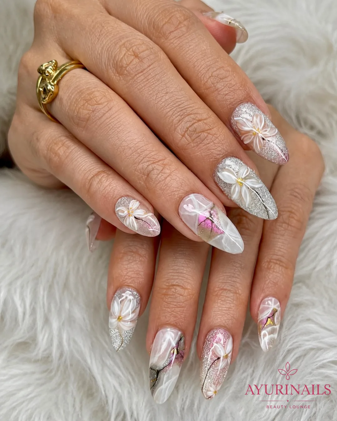 hand-painted white flower and kintsugi marble nail art on sheer glitter almond nails, AyuriNails Poblacion Makati